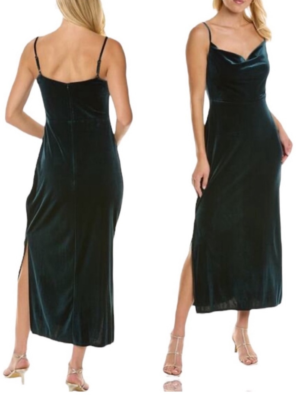 Taylor Cowl Neck Spaghetti Strap Velvet Midi Dress, Green, Sz 8